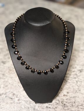 Black Faceted Bead Necklace with Gold Accent Beads - Women Jewelry